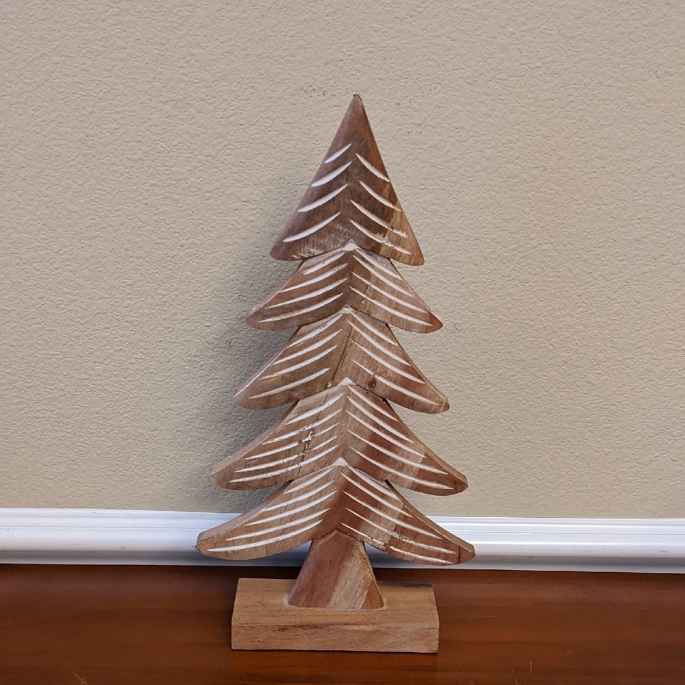 Rustic Wood Tabletop Tree Winter Primitive Carved Look Minimalist Nature Neutral